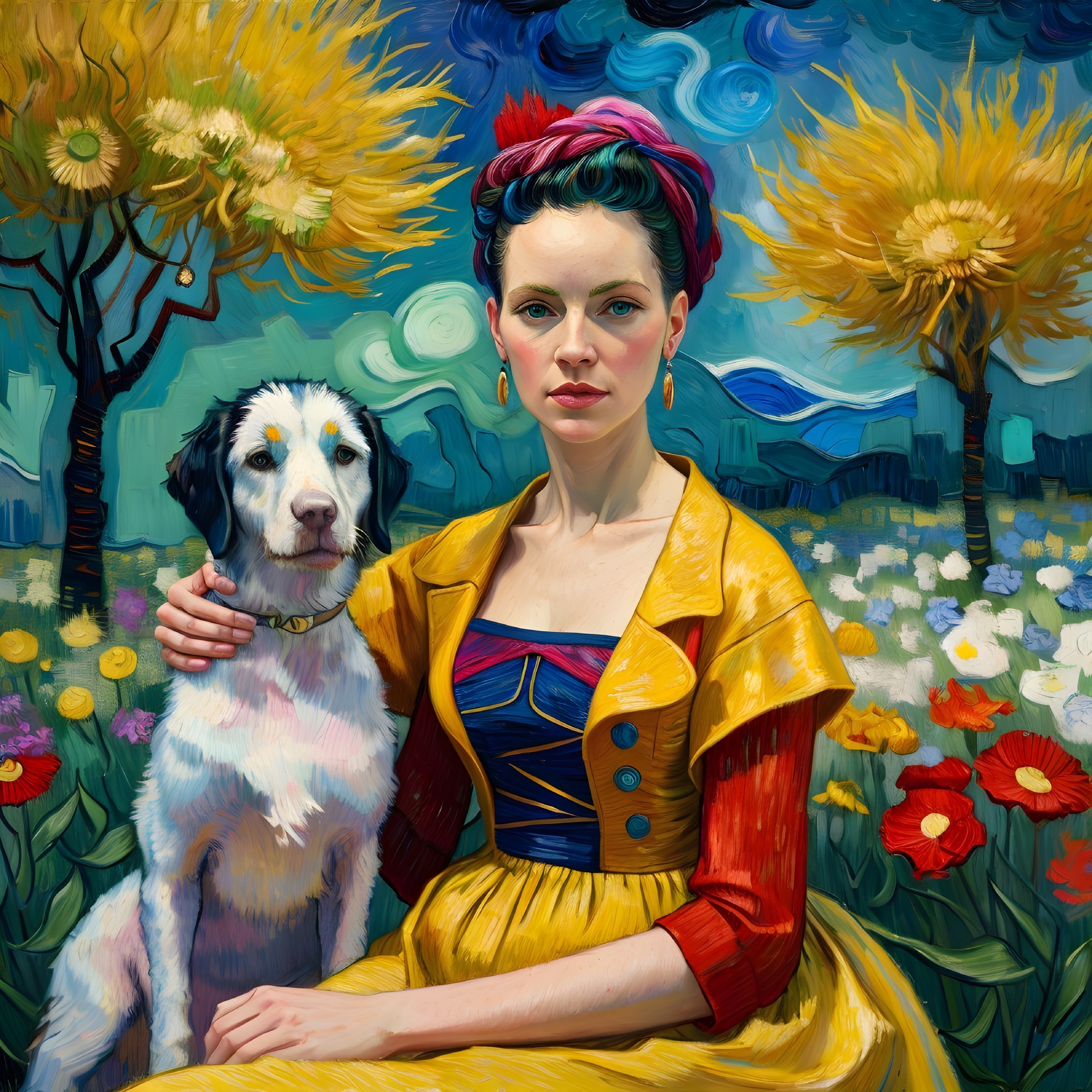 Woman in red headscarf with dog among vibrant flowers