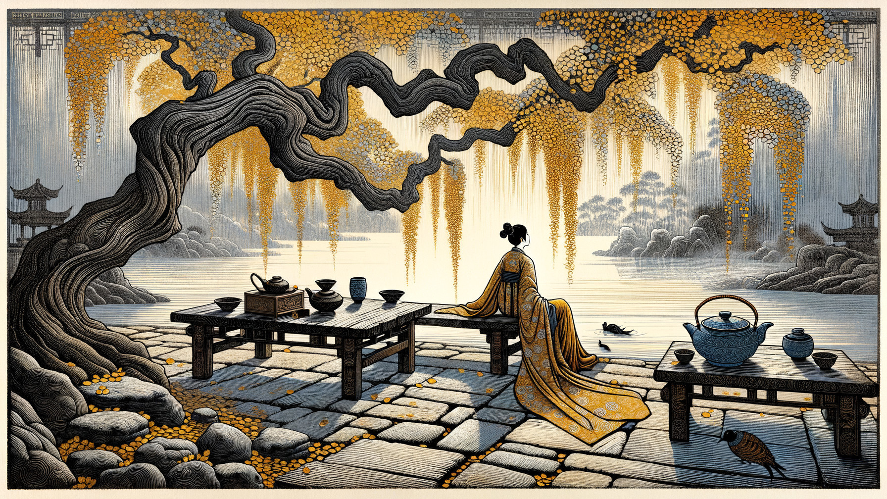 Serene Landscape with Woman by Tranquil Waterway