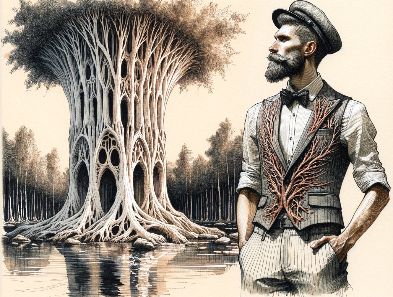 Elegantly Dressed Man by Artistic Tree and Water