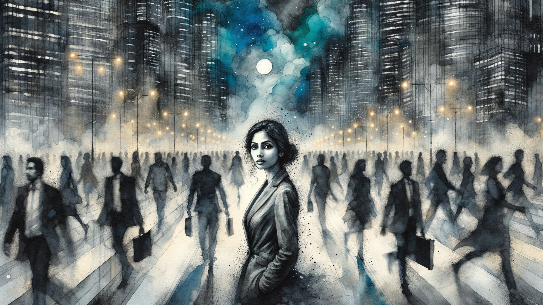 Monochrome Cityscape with Solitary Woman Contemplating