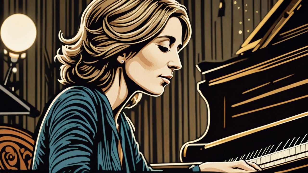 Woman in teal blouse playing grand piano in warm light