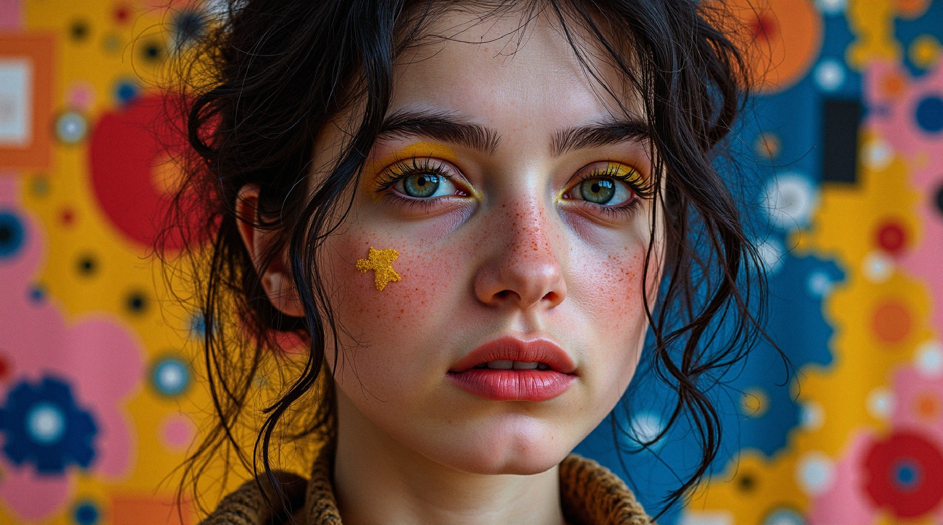 Young woman with vibrant makeup and abstract background