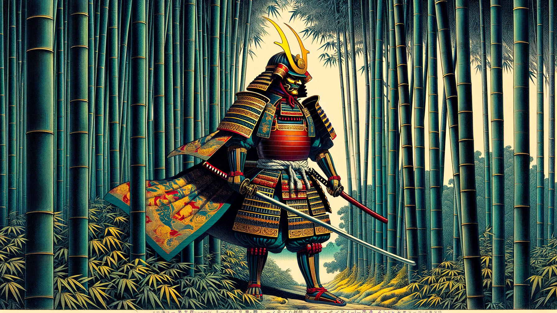 Samurai in Ornate Armor in Serene Bamboo Forest