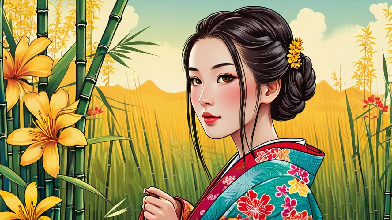 Graceful Woman in Kimono Surrounded by Nature