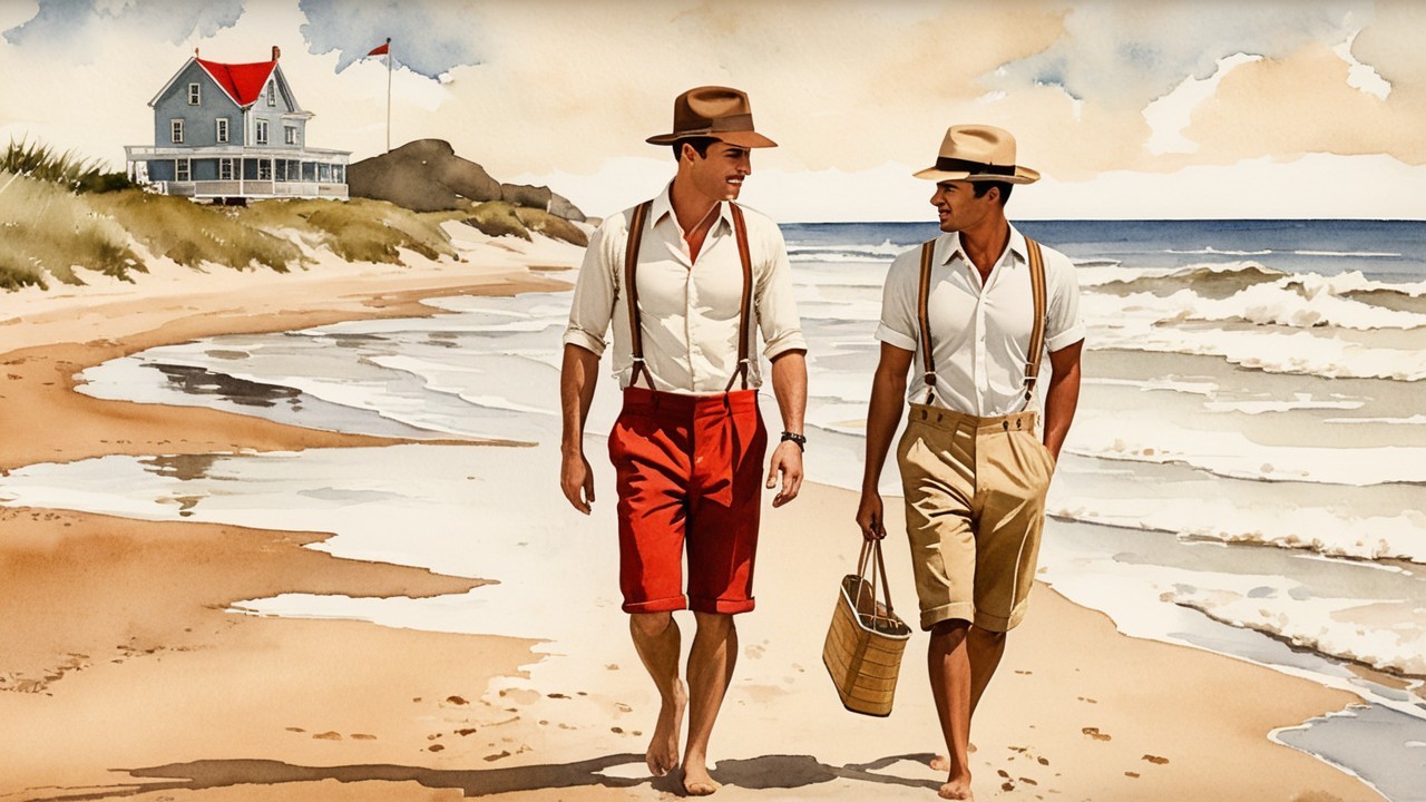 Men in Vintage Summer Attire on Sandy Beach