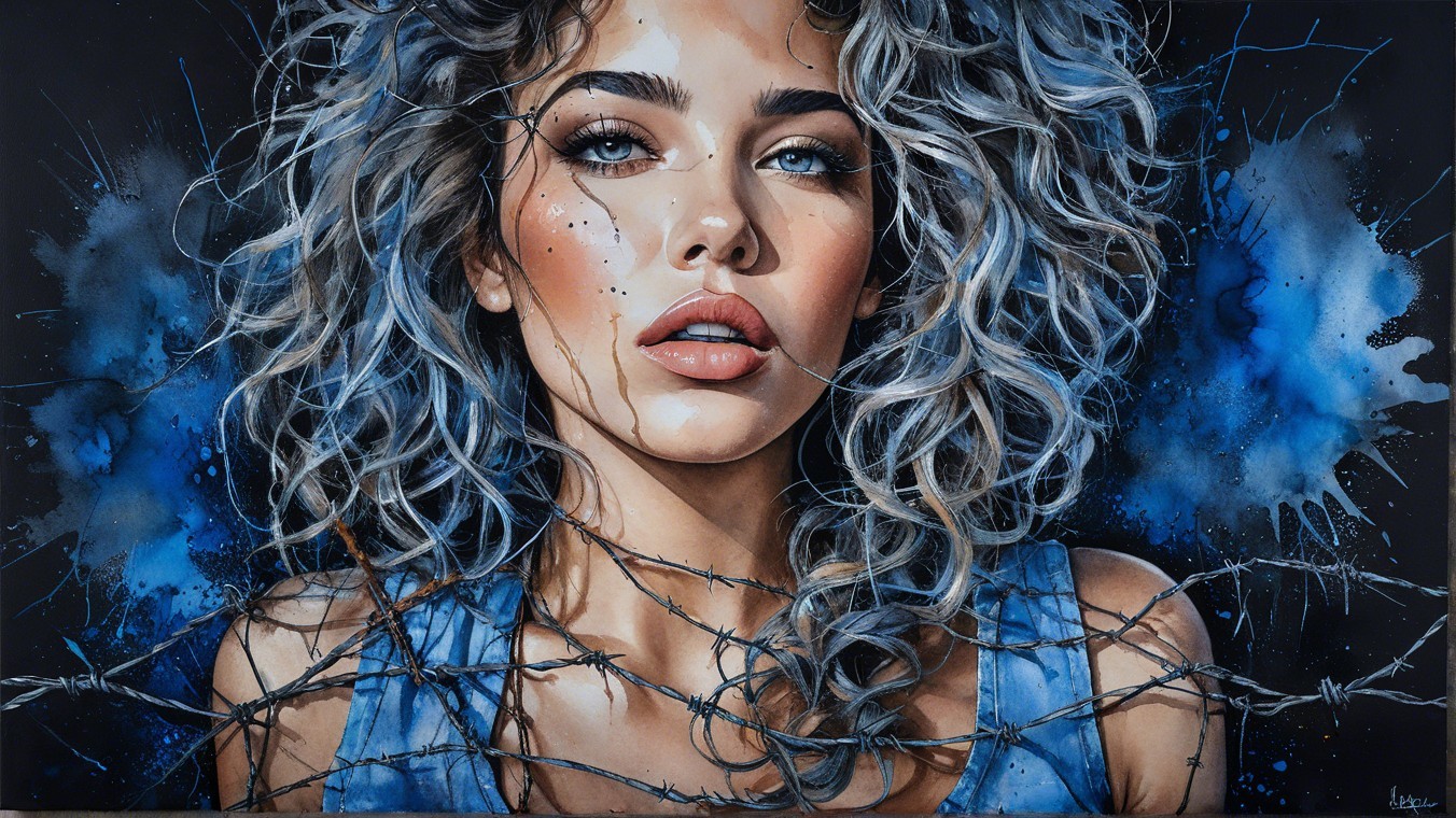 Portrait of a Woman with Curly Hair and Barbed Wire