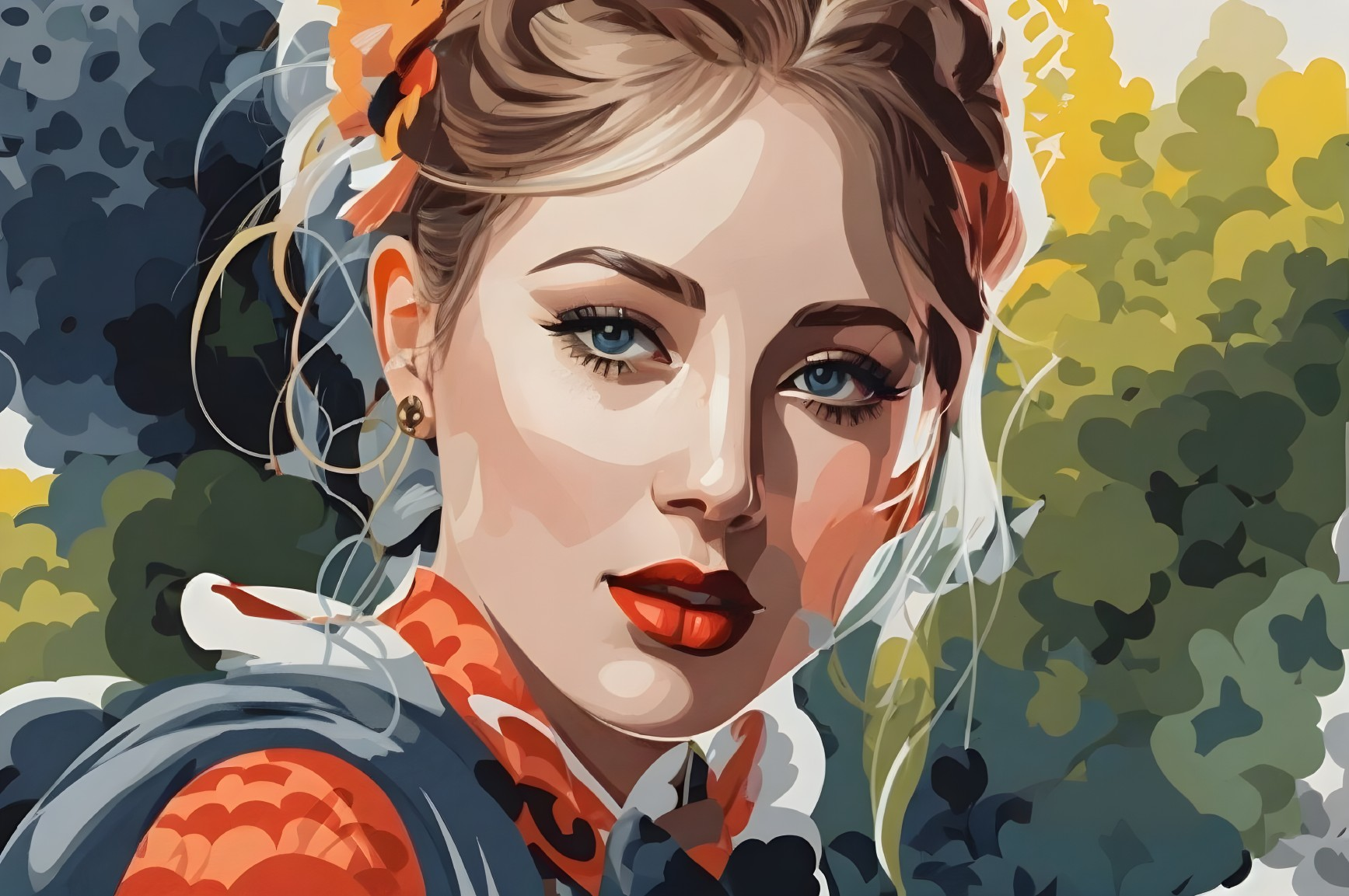 Young Woman in Vibrant Traditional Attire with Blue Eyes