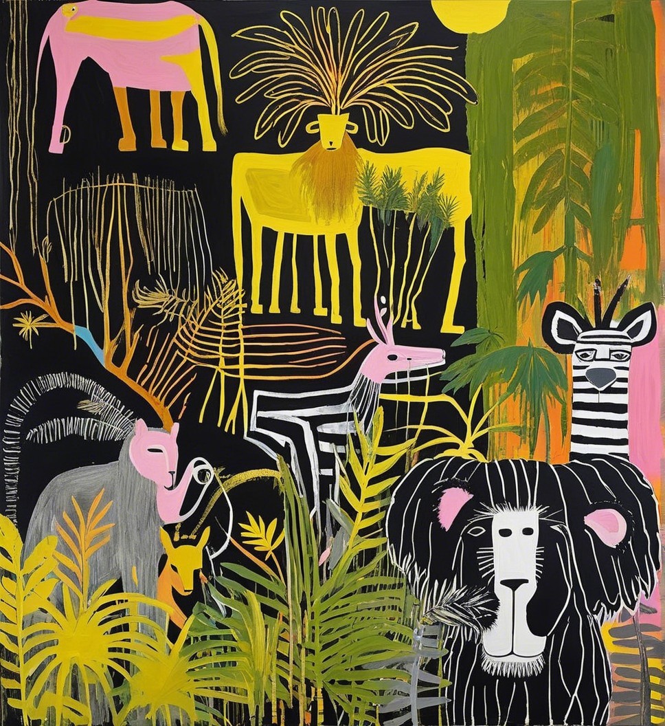 Whimsical Jungle Illustration with Stylized Animals