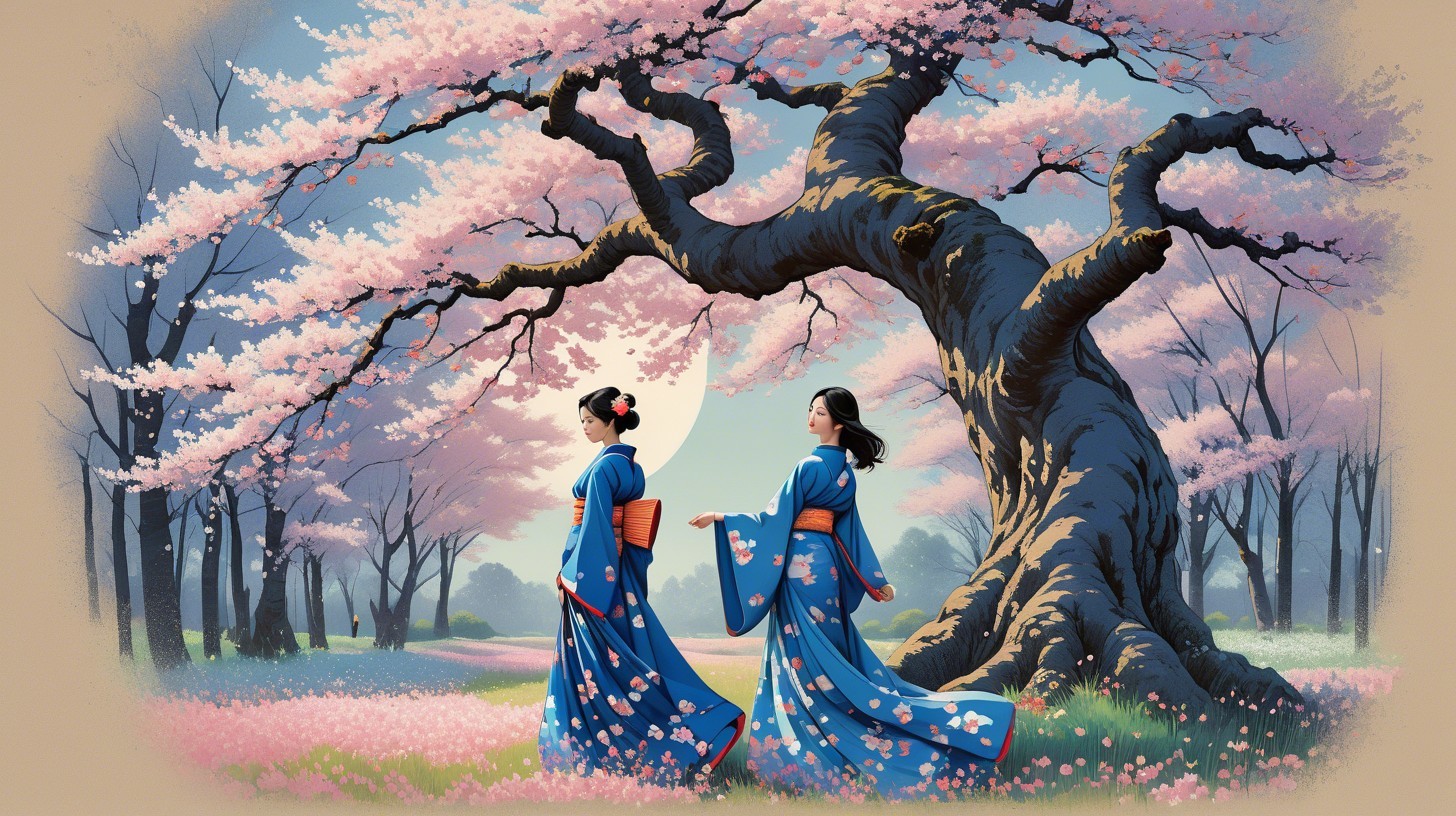 Women in Kimonos in Cherry Blossom Field Painting