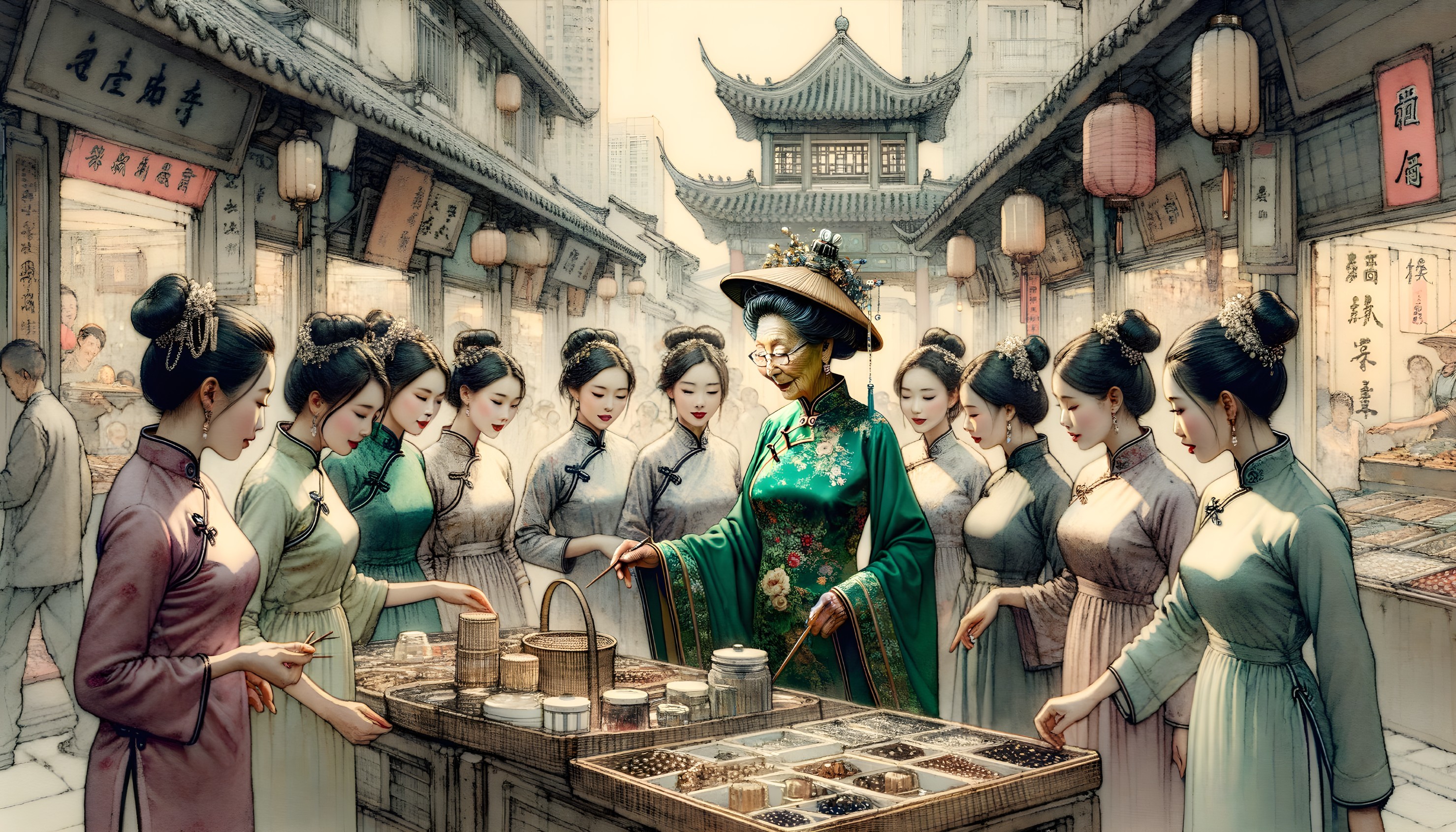 Elderly Woman Examines Spices in Traditional Market