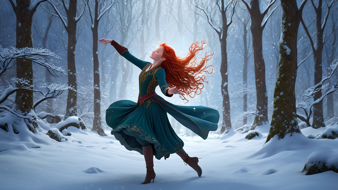 Young Woman in Green Dress Dances in Snowy Forest
