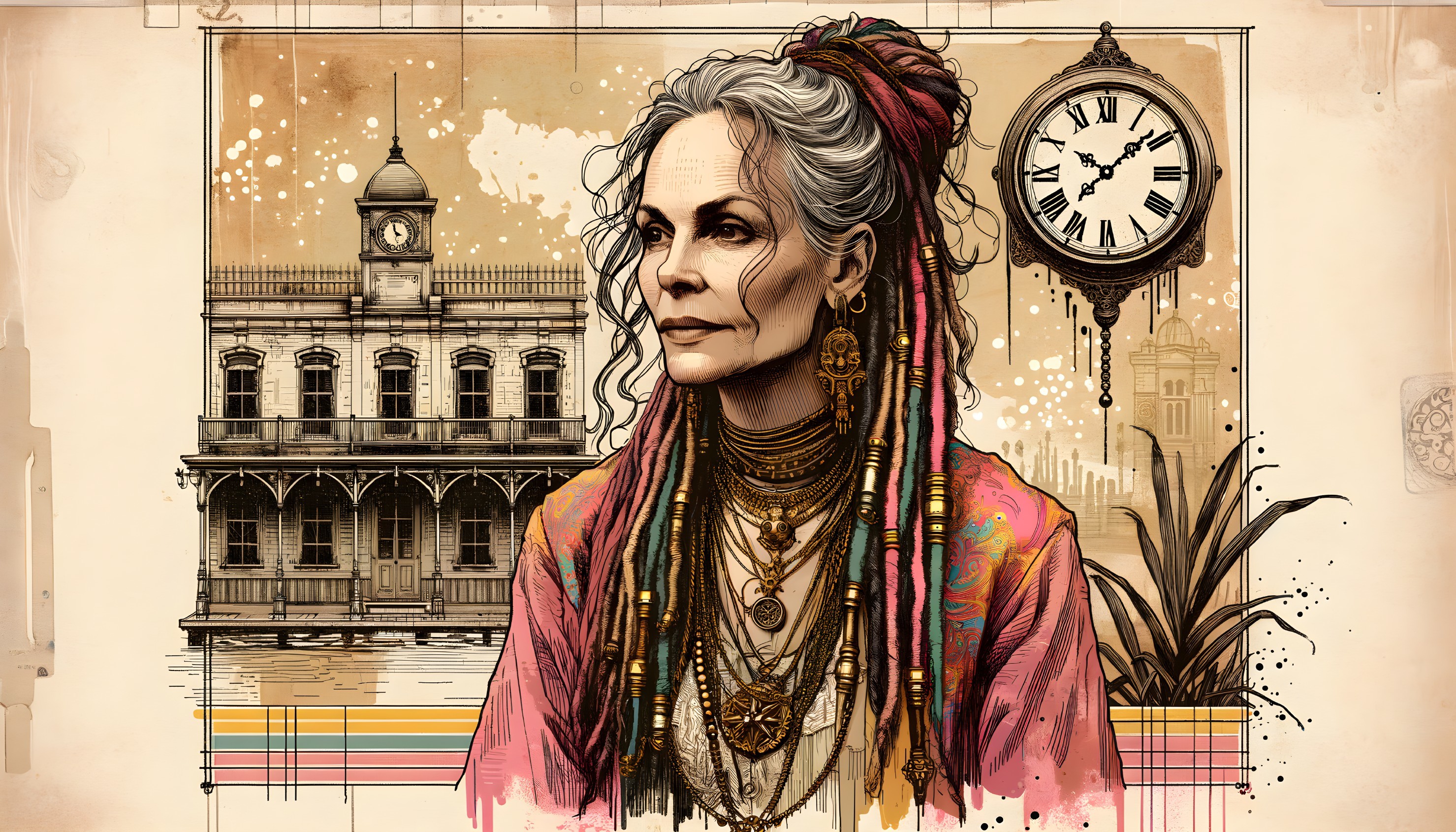 Mature Woman with Dreadlocks in Bohemian Style Artwork