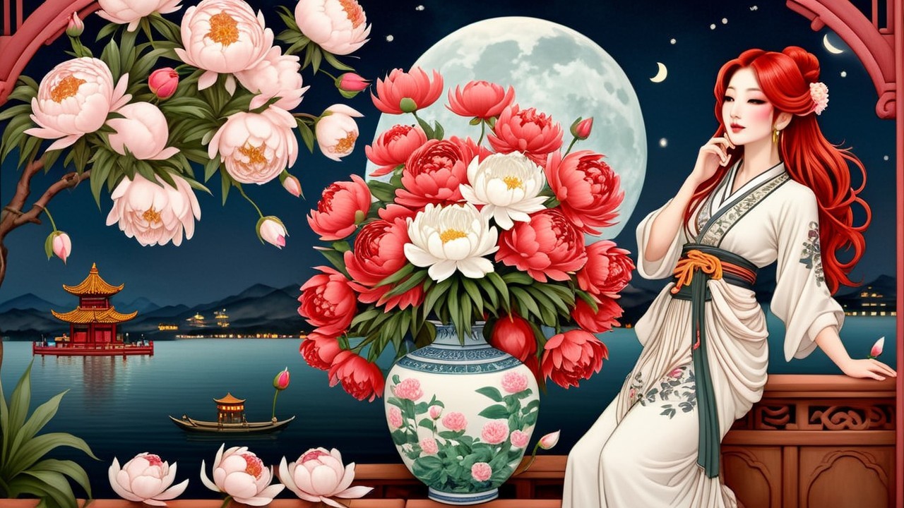Serene Night Scene with Woman and Vibrant Peonies