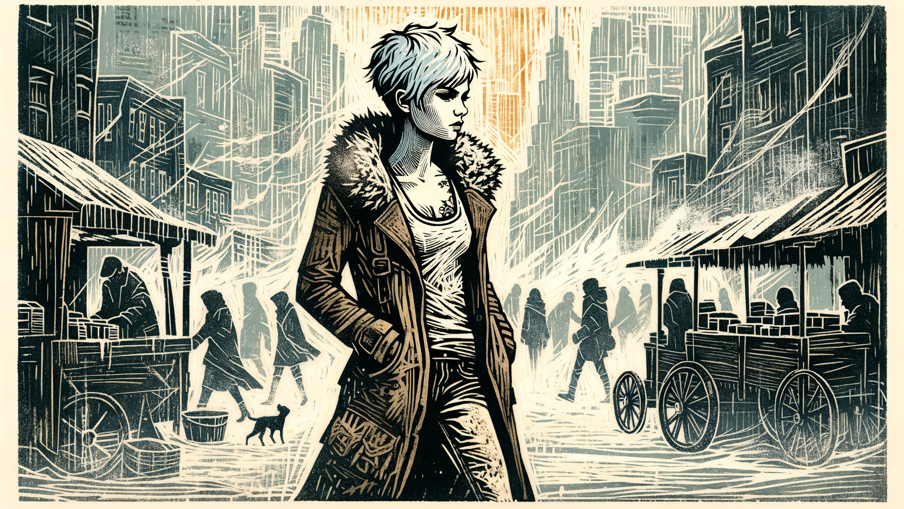 Solitary Figure in a Stylized Urban Landscape