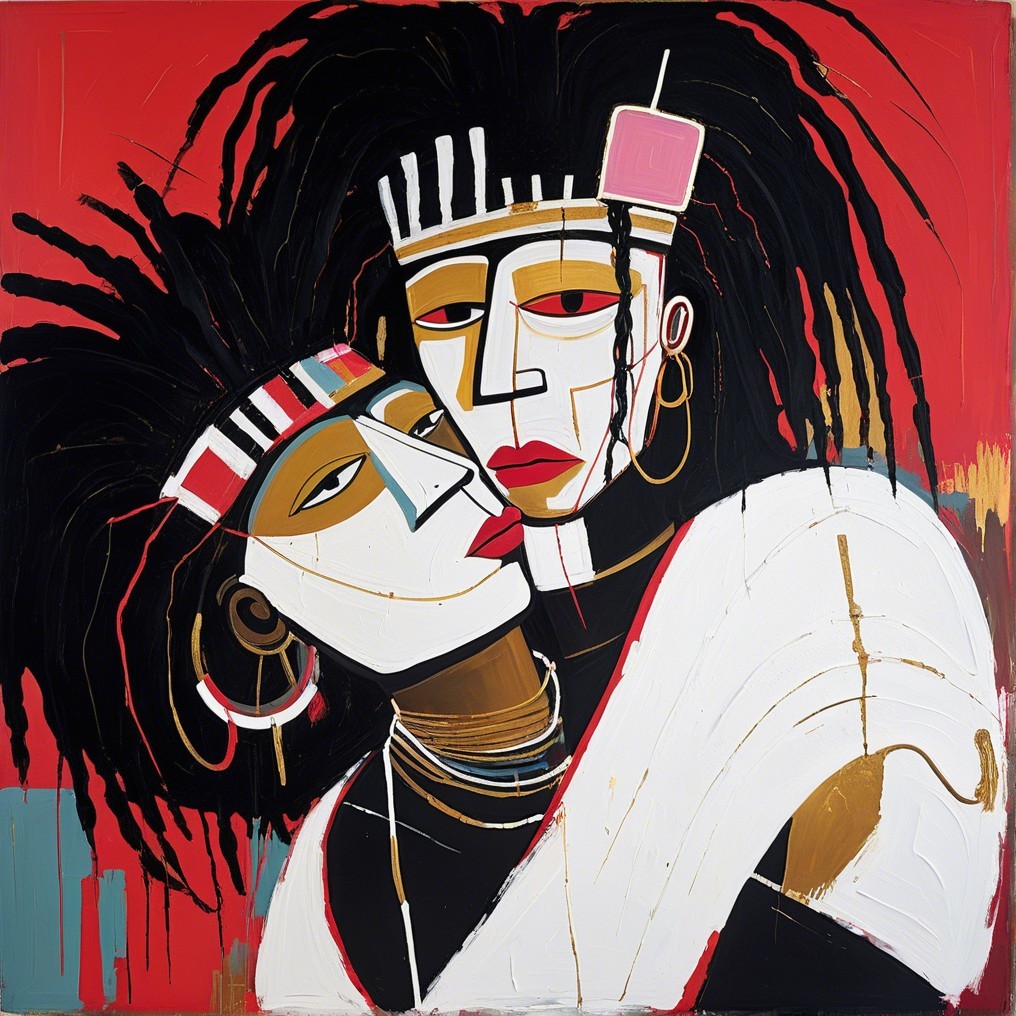 Stylized Figures in Bold Colors and Cultural Jewelry