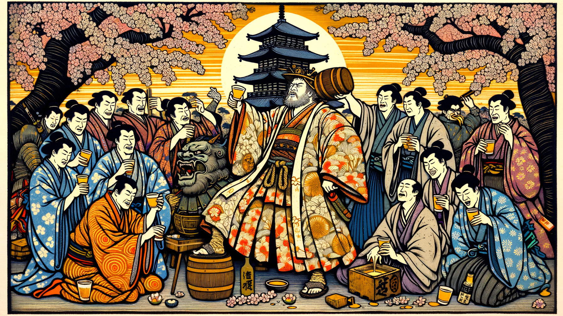 Ukiyo-e Scene of Samurai Celebration Under Cherry Blossoms