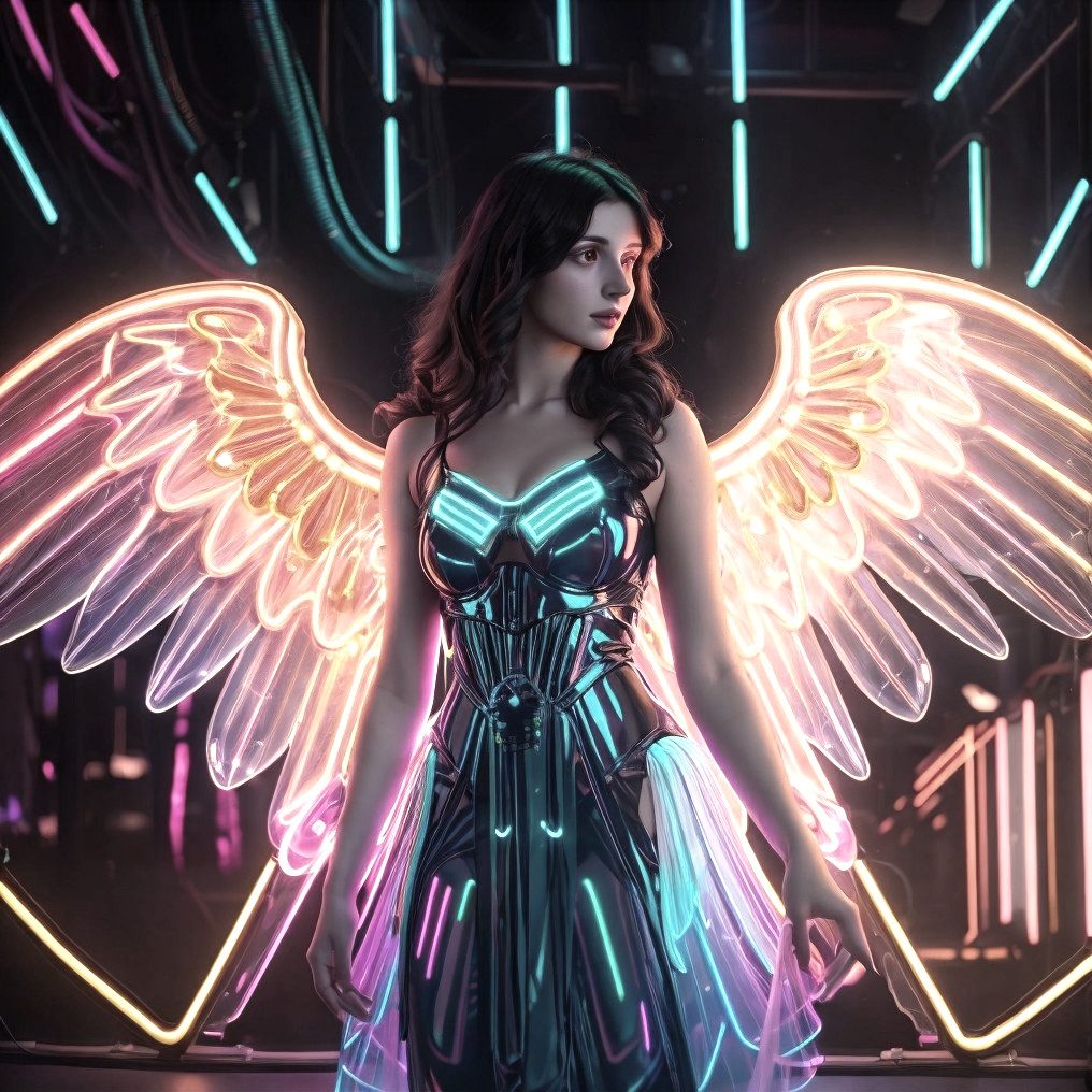 Futuristic woman in iridescent dress with neon wings