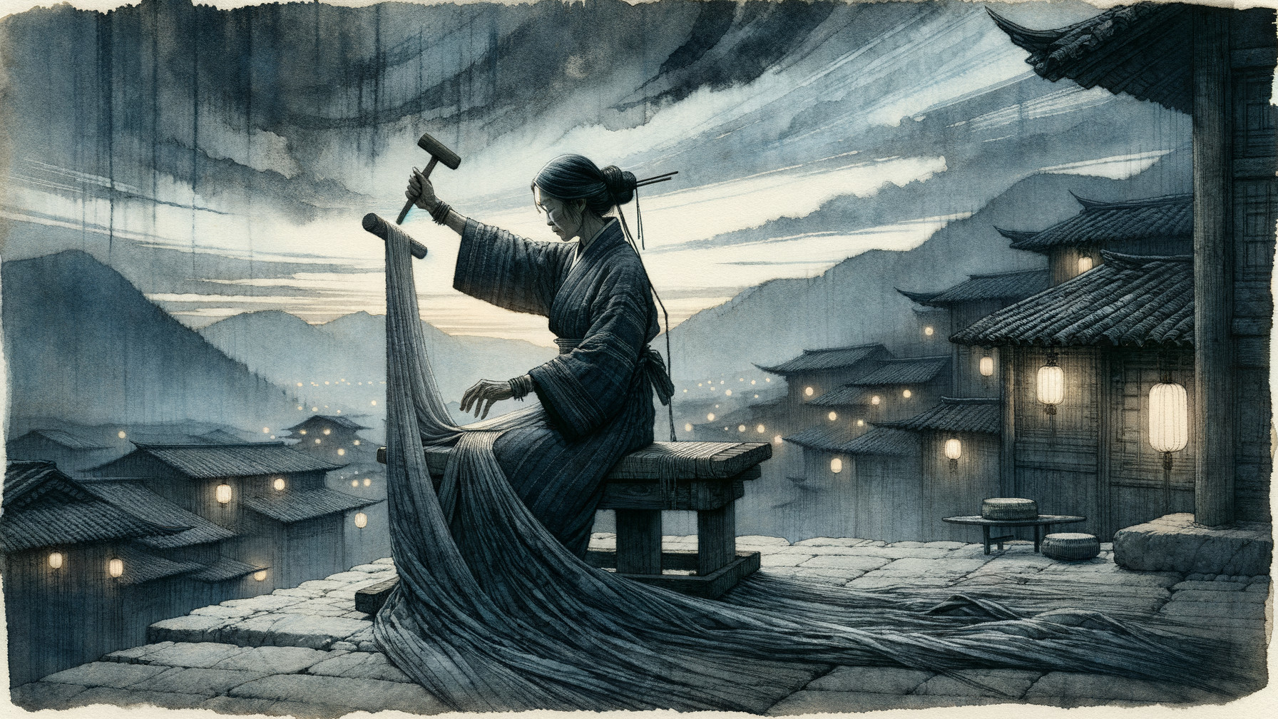 Silk Weaving at Twilight on a Stone Terrace