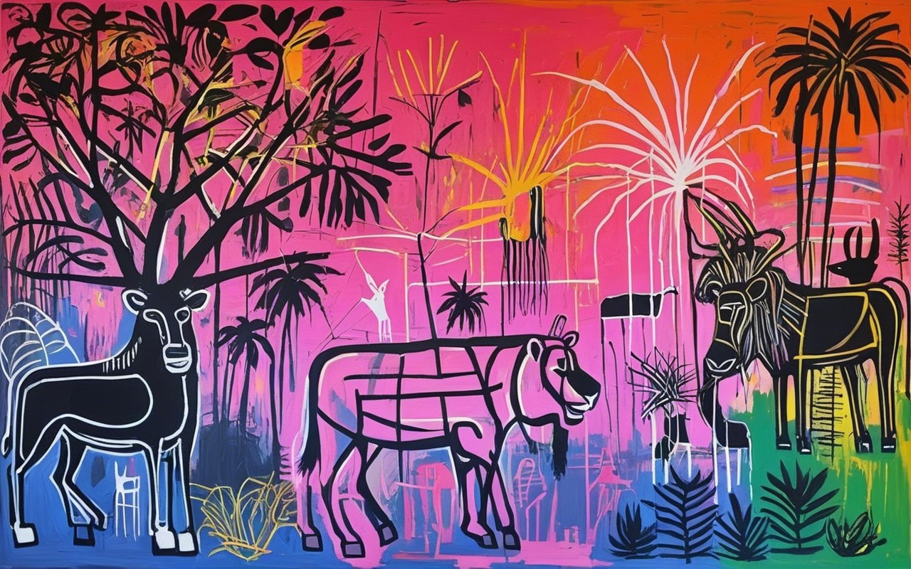 Vibrant Abstract Jungle Scene with Stylized Animals