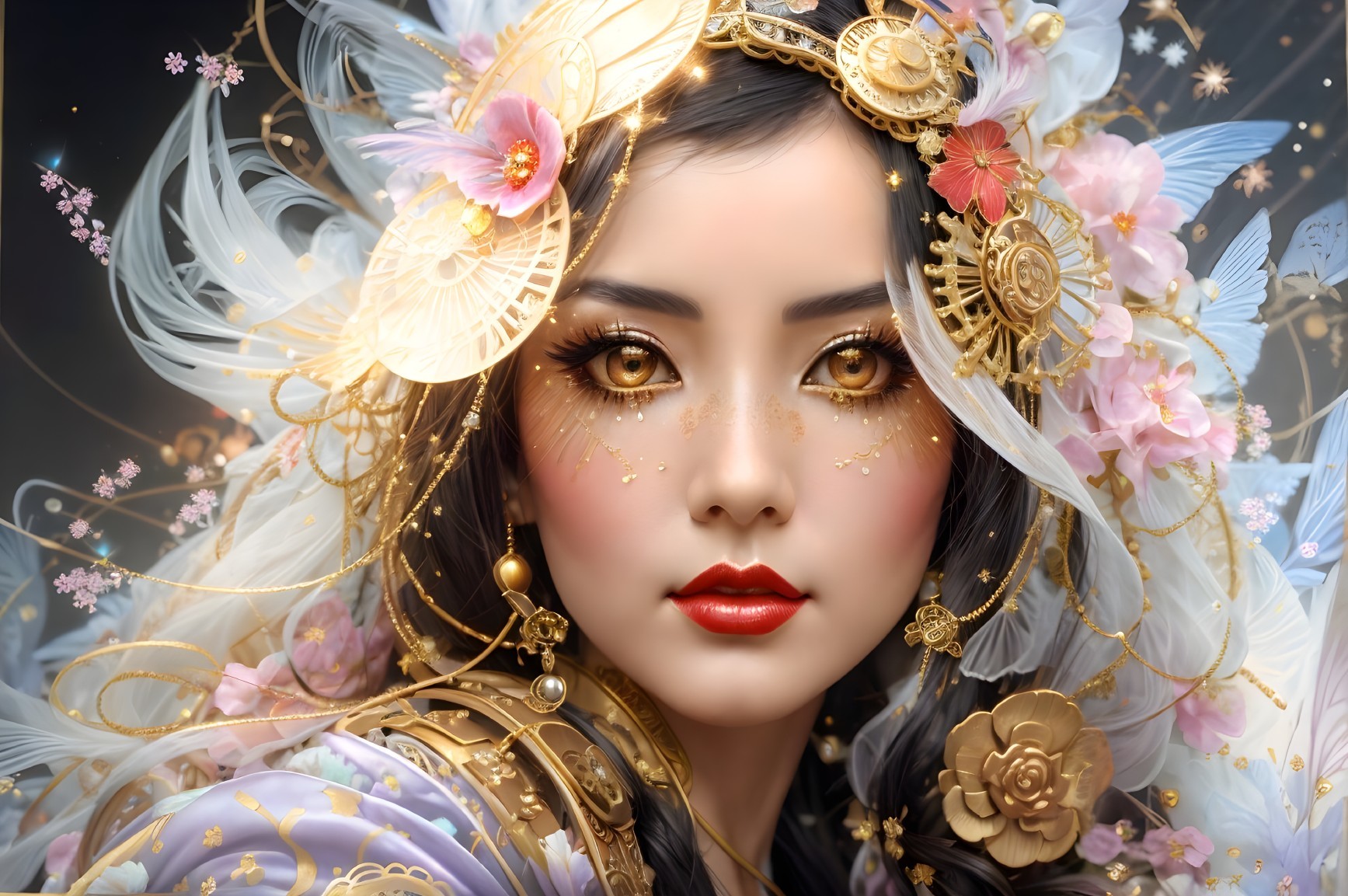 Ethereal Beauty with Golden Eyes and Floral Headdress