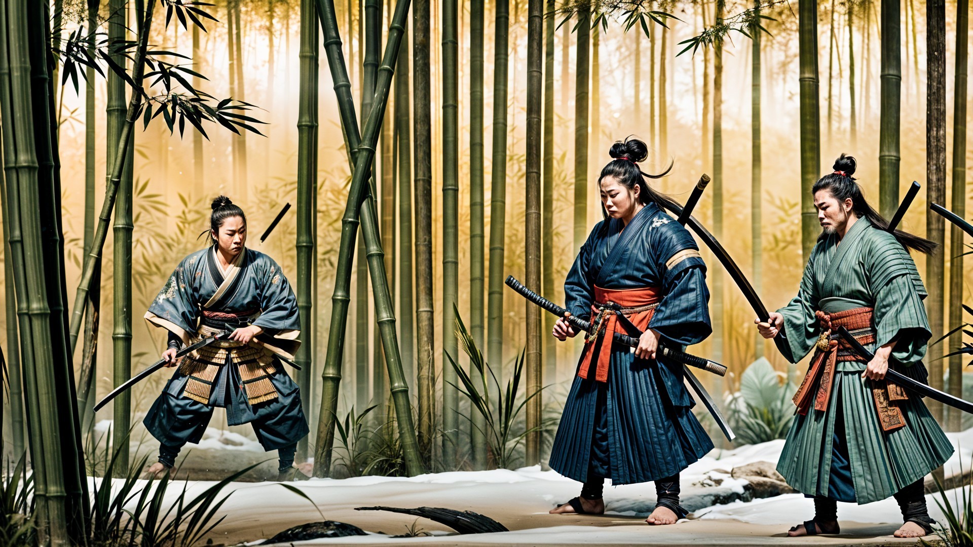Samurai Warriors in Bamboo Forest Setting