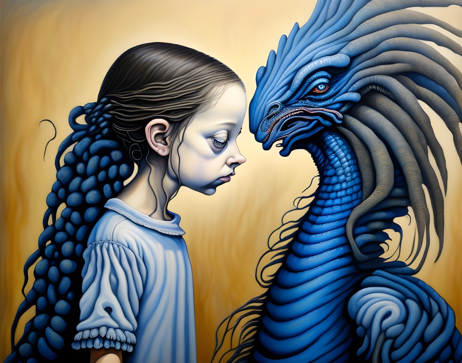 Young girl encounters a fantastical blue creature