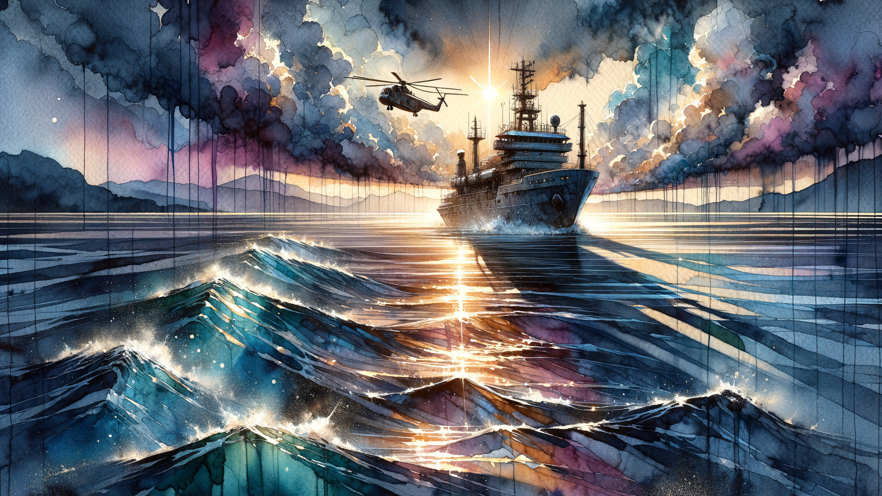 Majestic ship sailing through turbulent waters at sunset