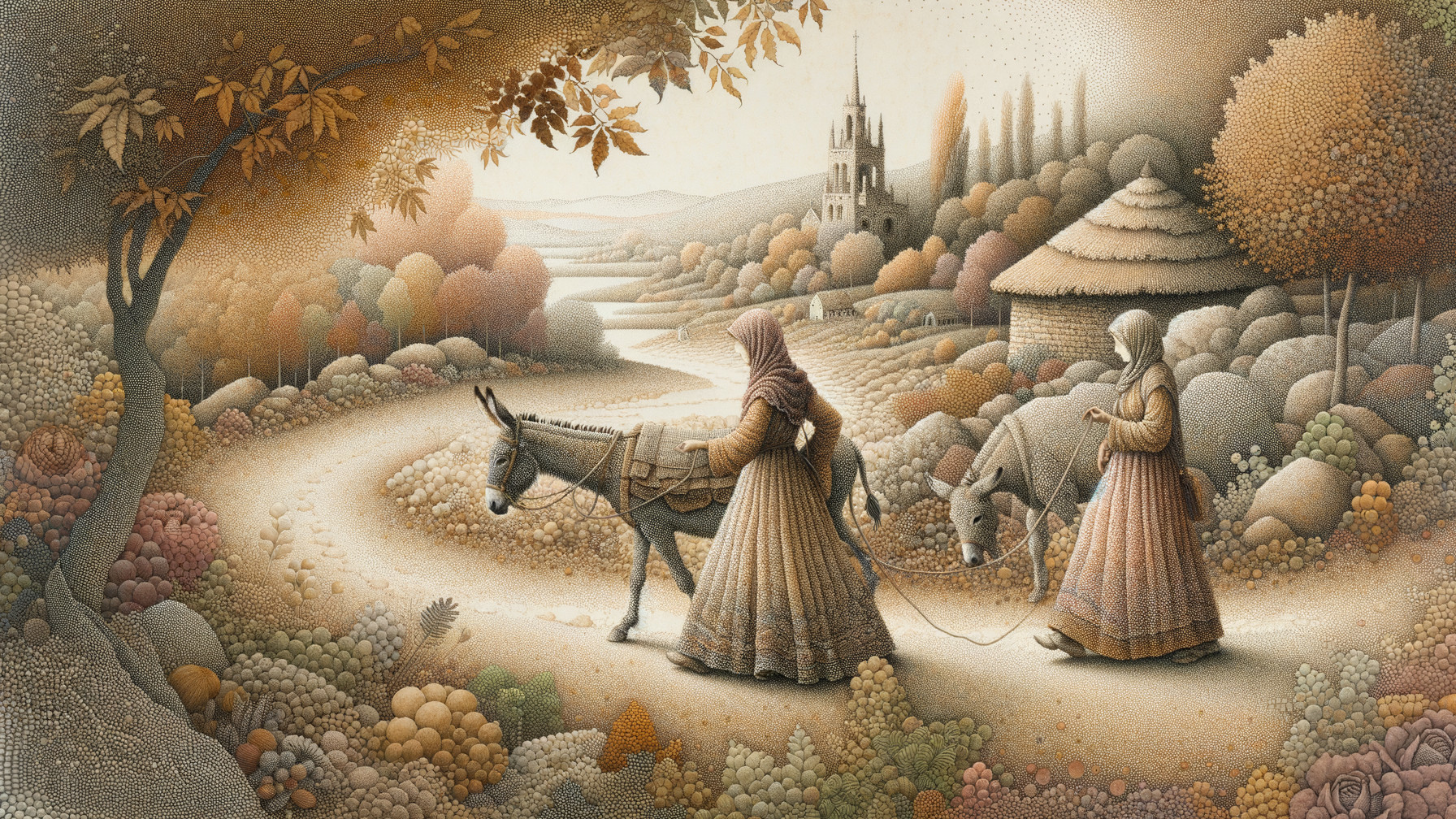 Women in Traditional Attire Amid Autumn Landscape