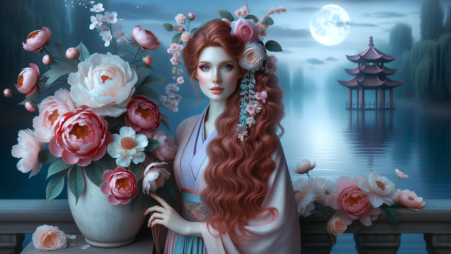 Ethereal Woman by Moonlit Lake with Peonies and Pagoda