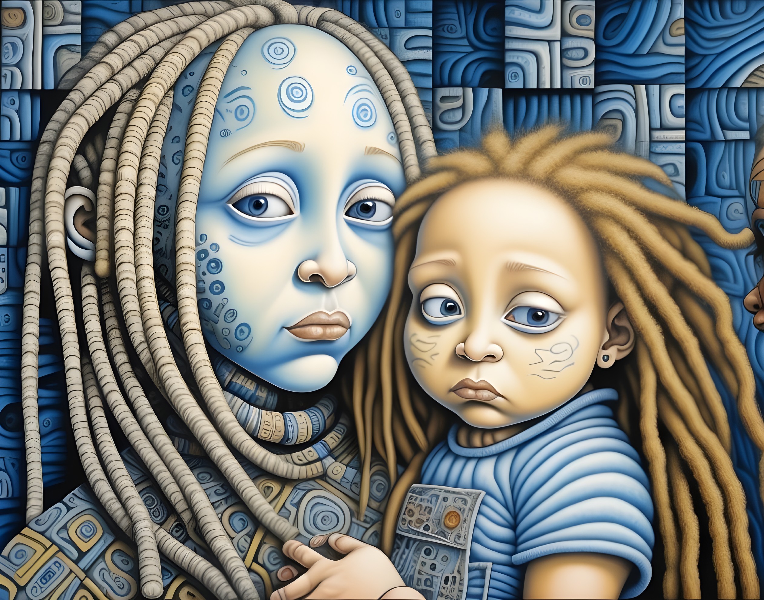 Humanoid Figures in Abstract Blue Mosaic Background