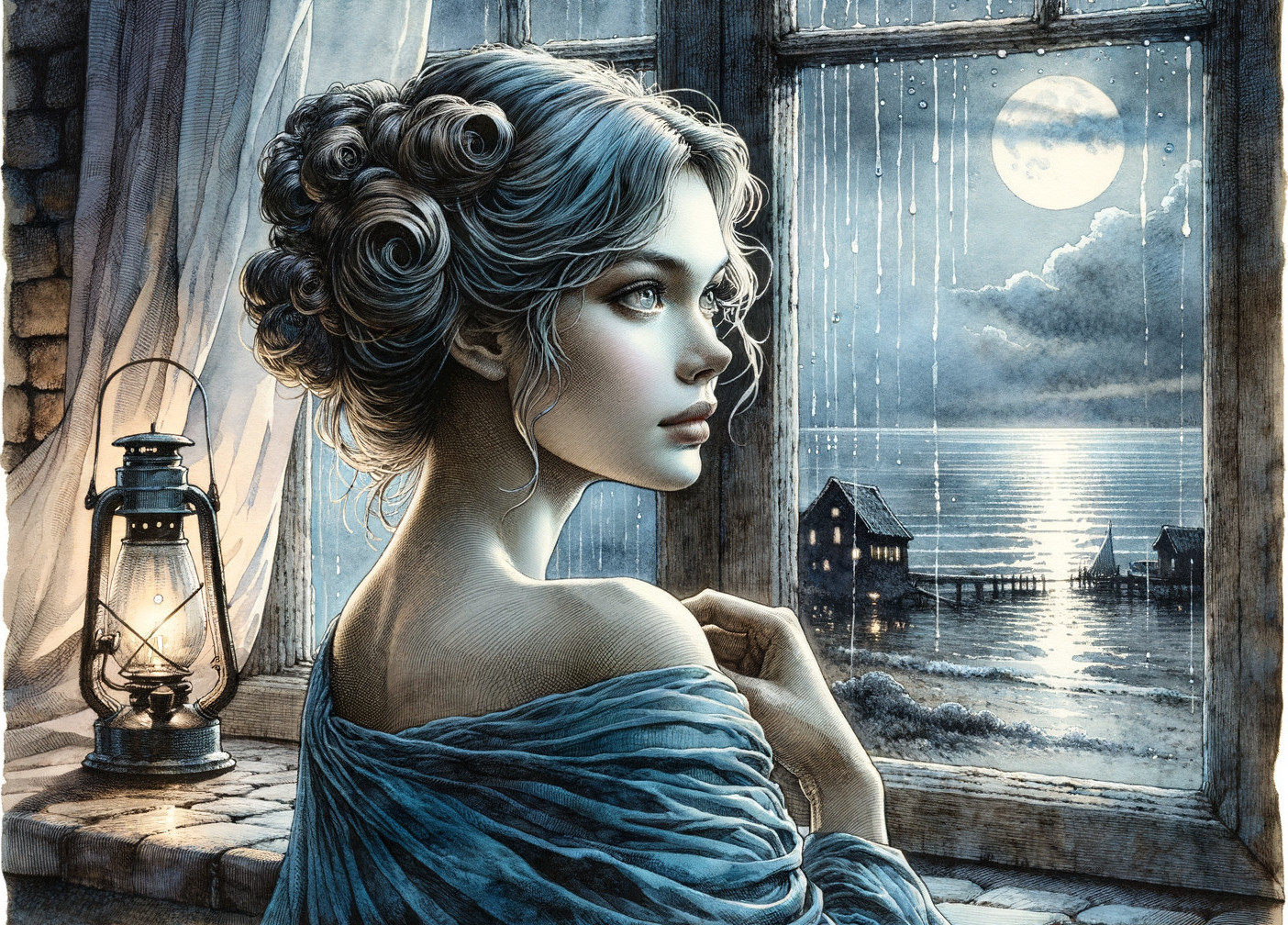 Woman with Curled Hair Gazing Out Window at Night