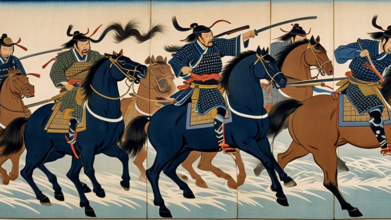 Armored Samurai on Horseback in Dynamic Charge