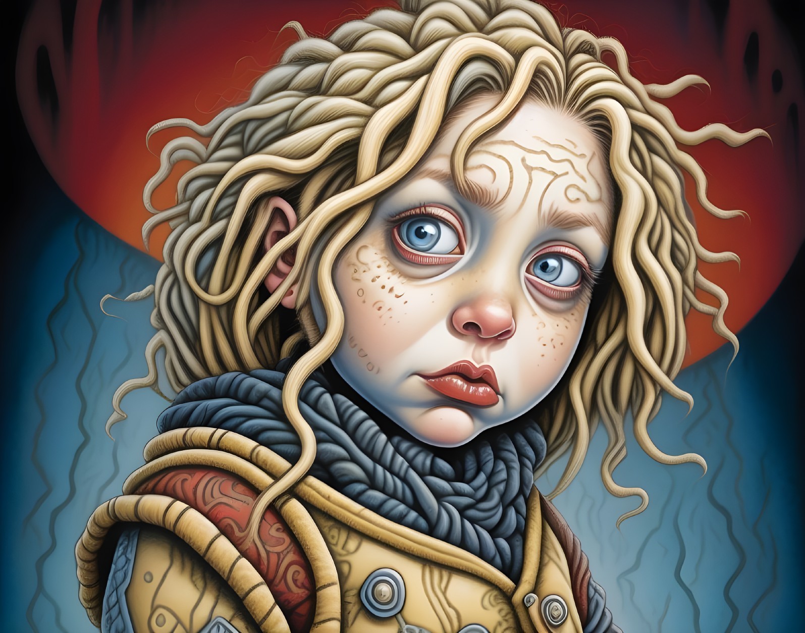 Stylized Child Portrait with Curly Hair and Eerie Mood