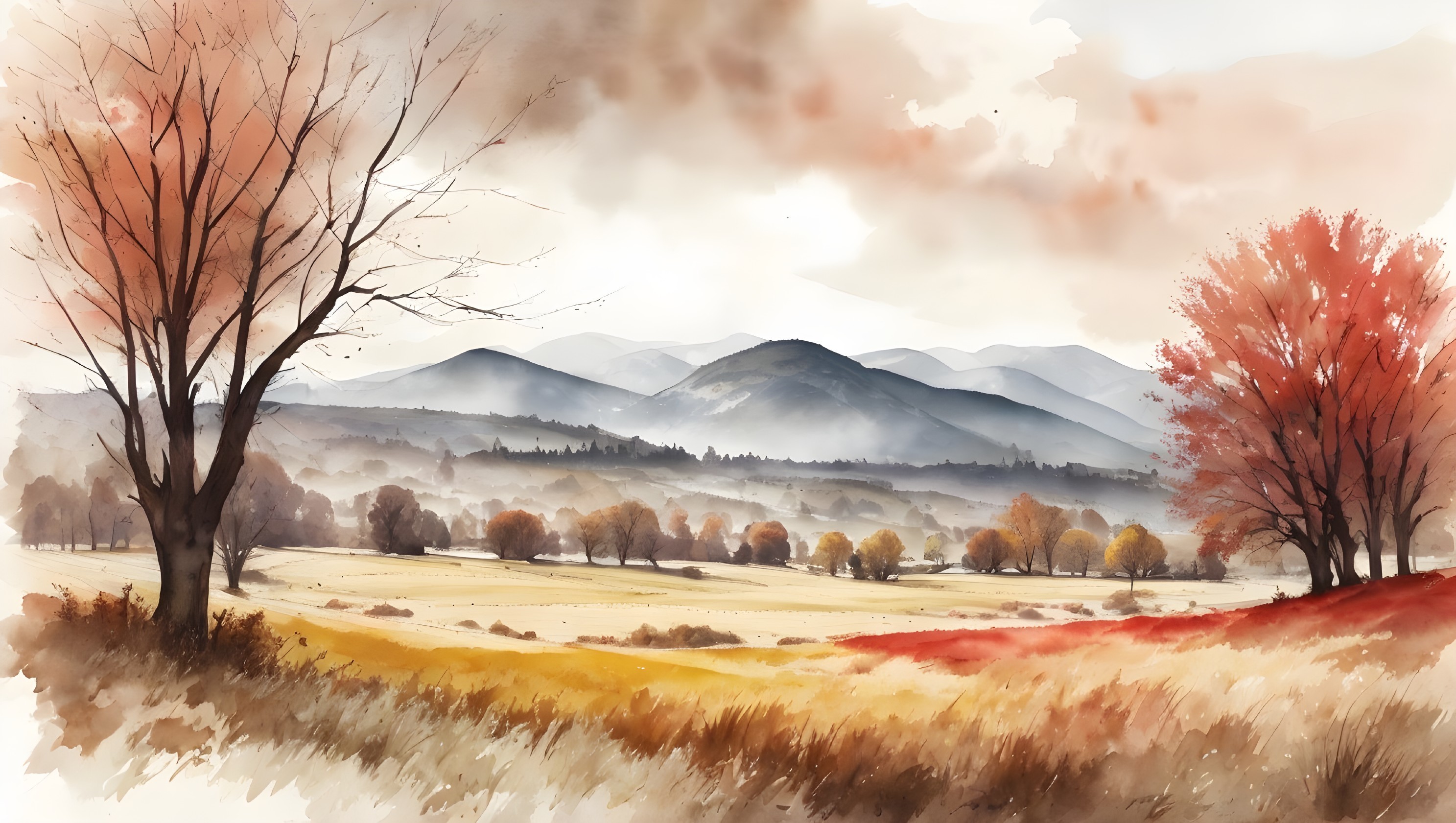 Autumn Landscape with Red and Gold Trees and Mountains