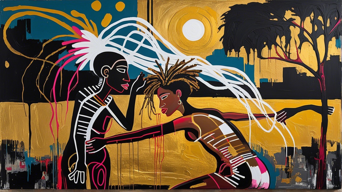 Abstract Artwork of Intertwined Figures in Bold Colors