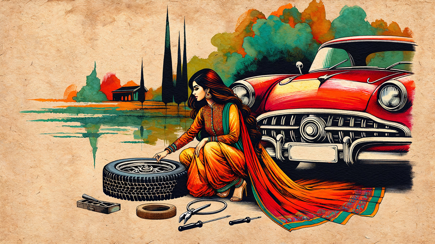 Woman in Traditional Outfit Fixing Tire by Vintage Car