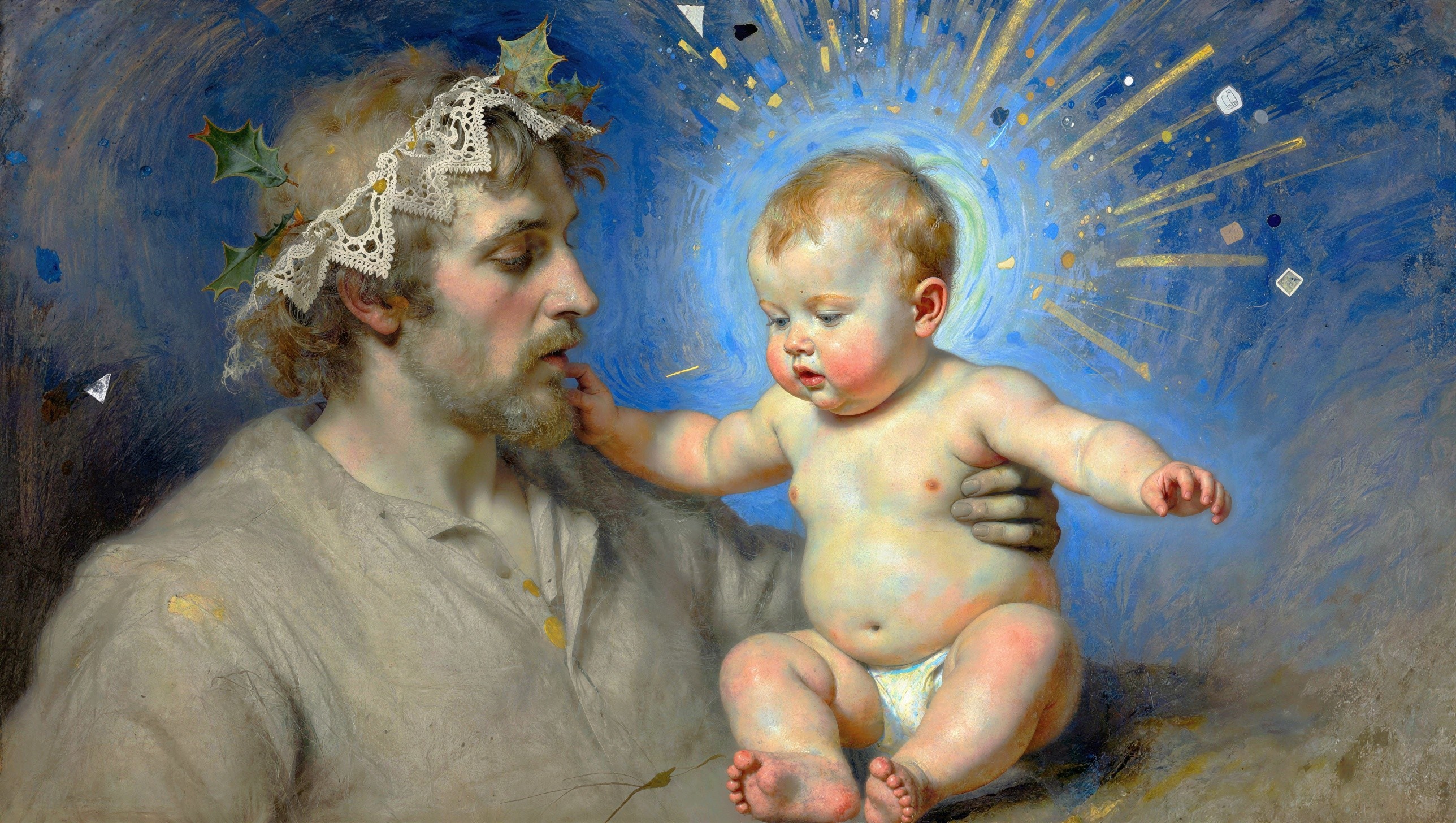 Close-Up Oil Painting of a Renaissance Man and Baby