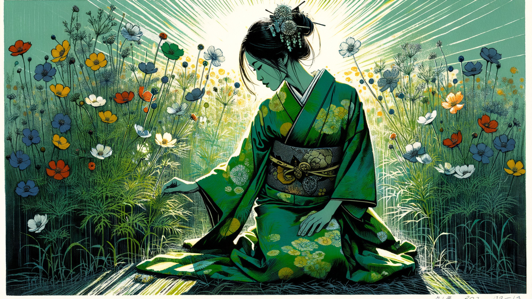 Woman in Green Kimono Among Colorful Flowers
