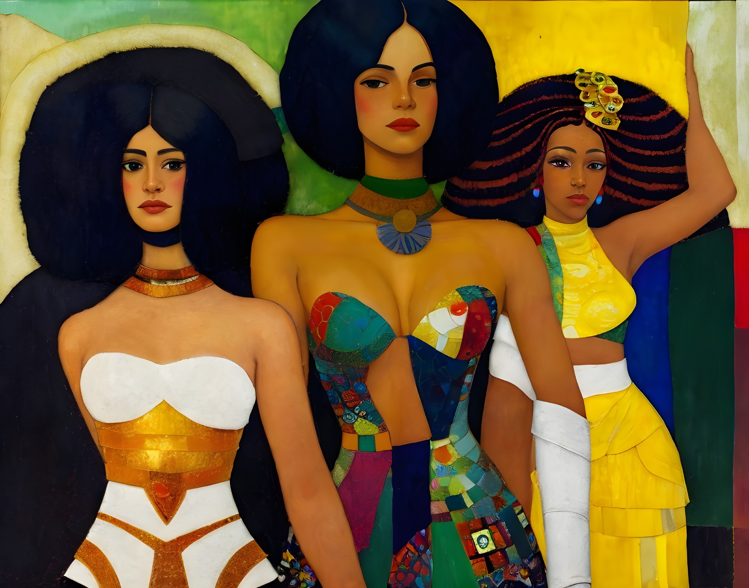 Three Women in Colorful Clothing with Distinct Headdresses