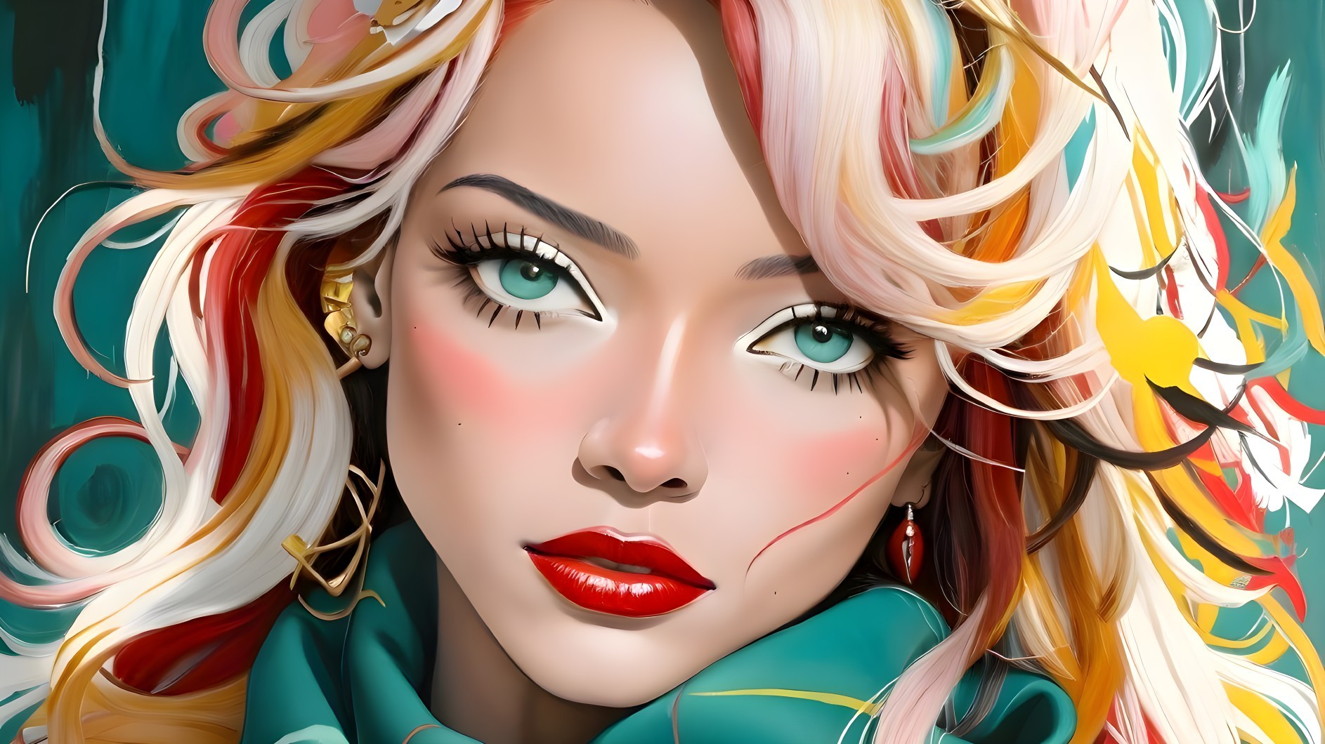 Portrait of a Young Woman with Teal Eyes and Colorful Hair