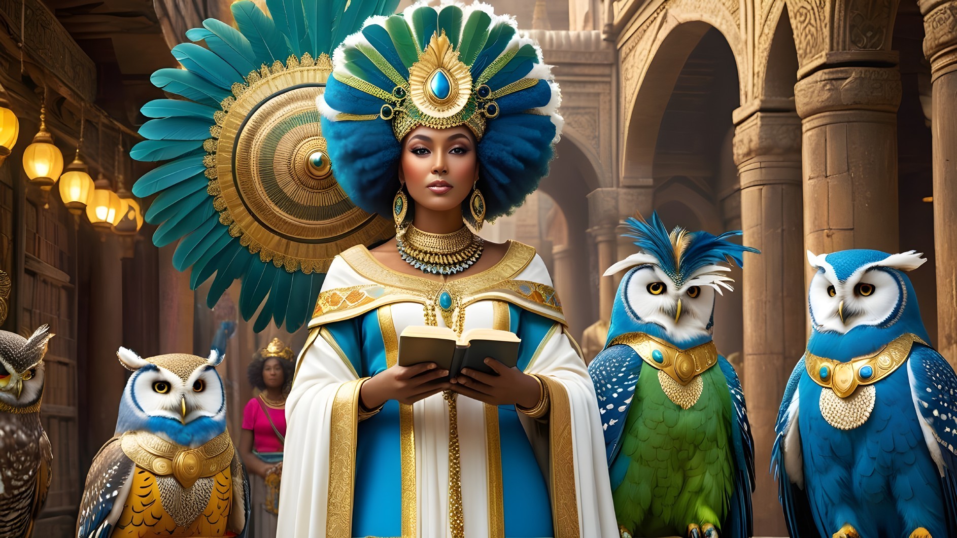 Regal Figure in Ornate Setting with Colorful Owls