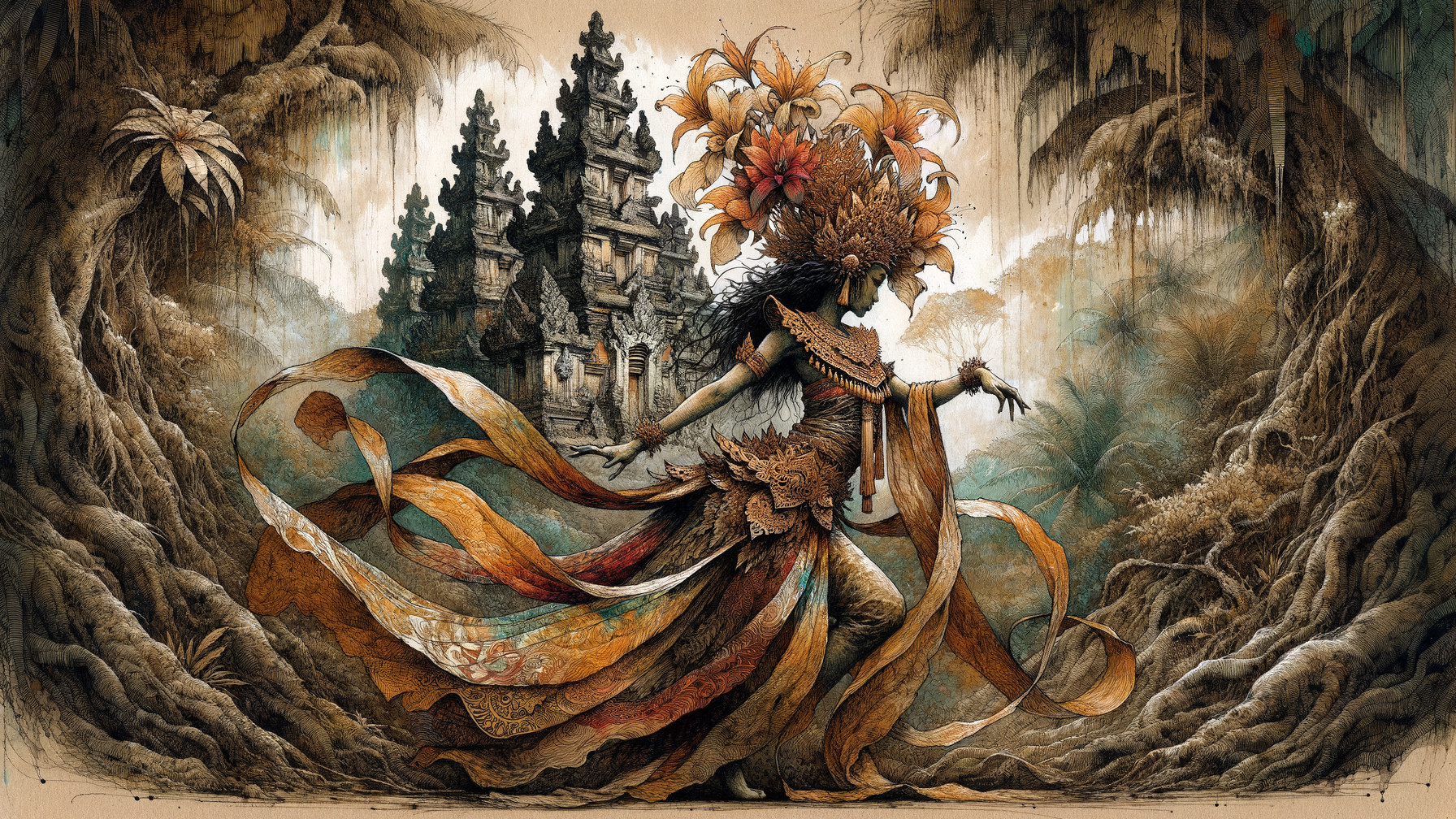 Mystical Figure in Vibrant Gown Amidst Ancient Temples