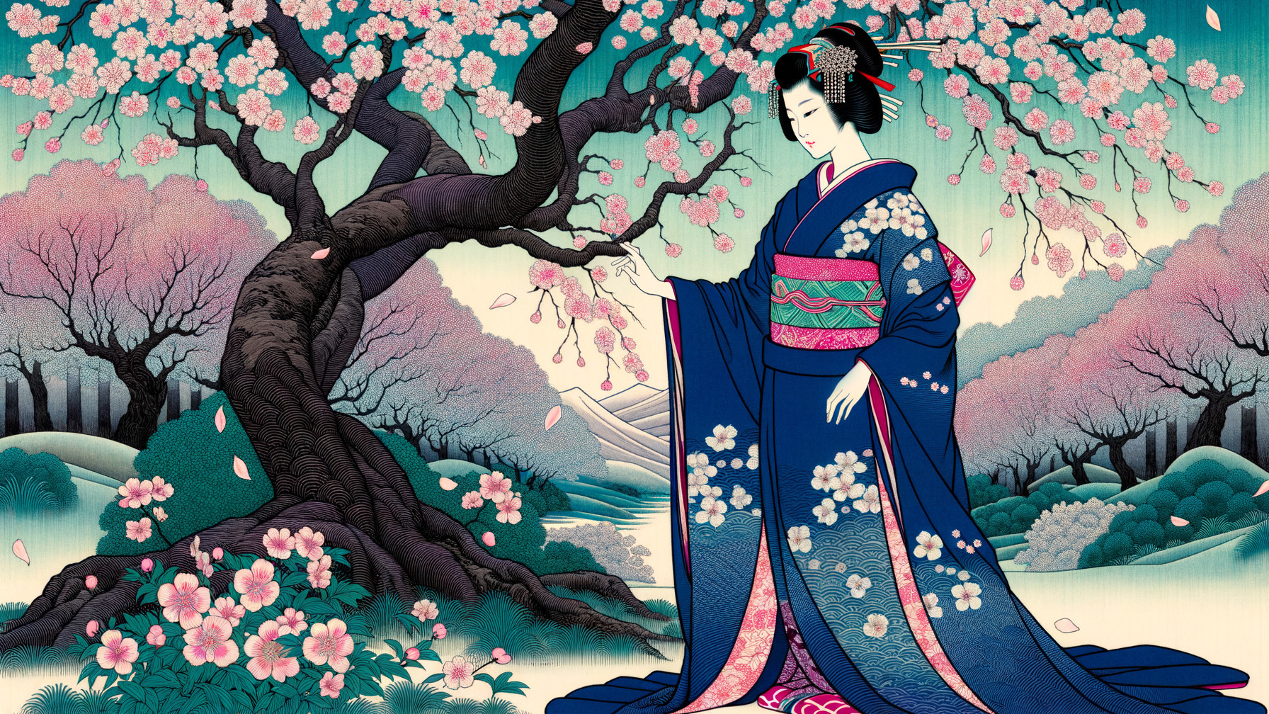 Geisha in Blue Kimono Under Cherry Blossom Tree