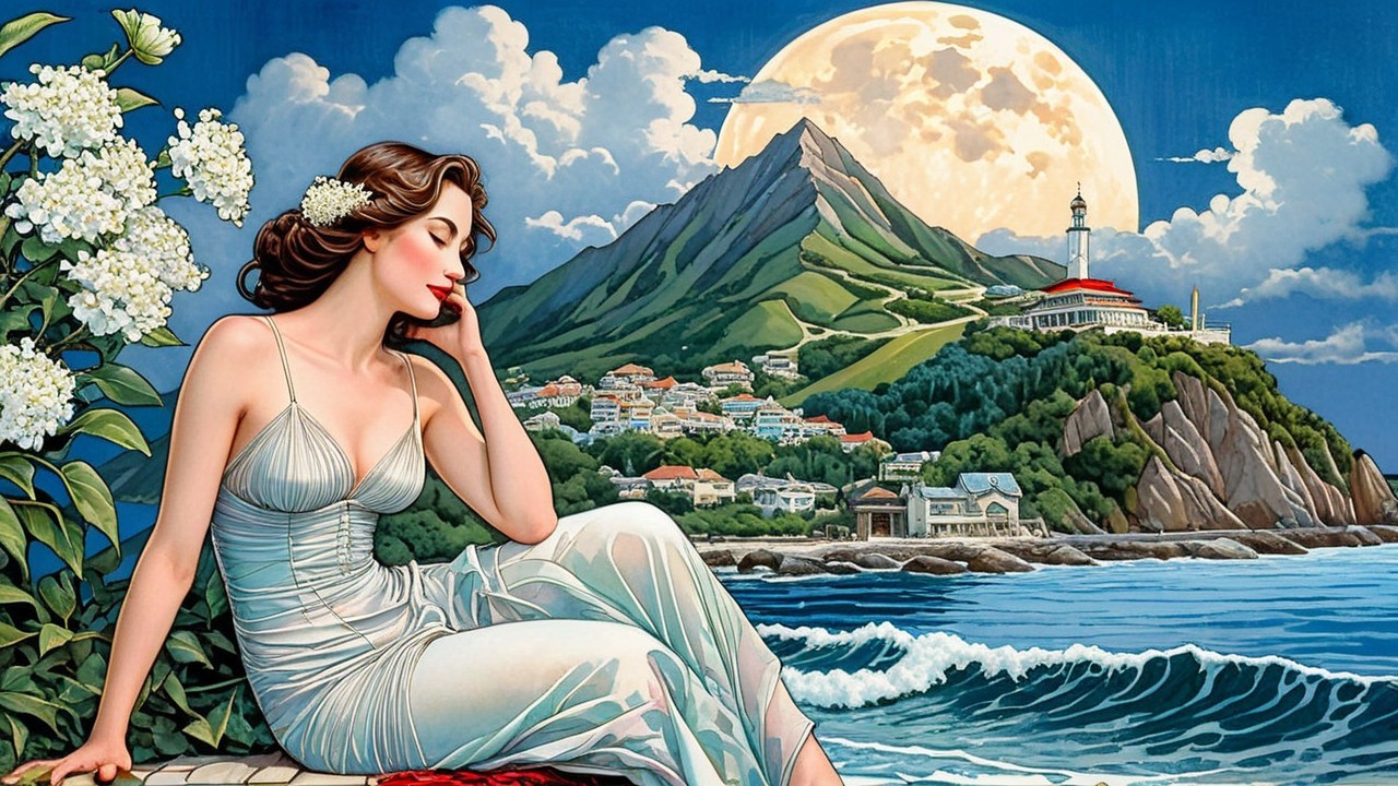 Coastal Scene with Woman in White Dress at Night