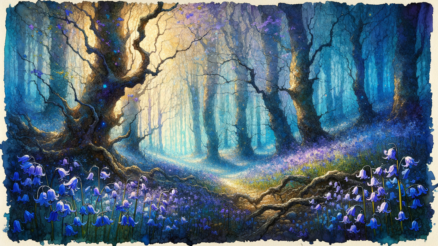 Magical Forest with Blue and Purple Hues and Light