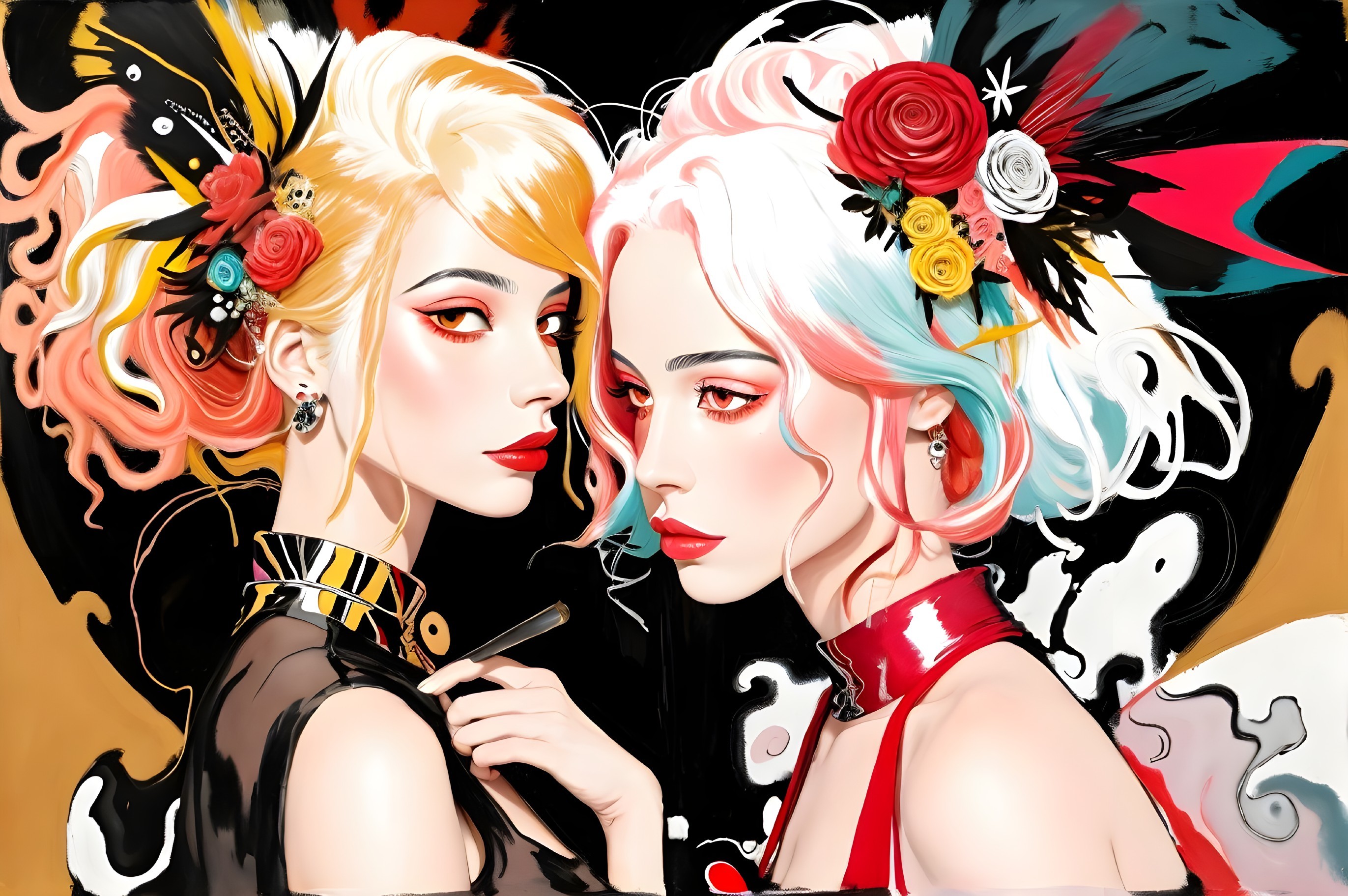 Contrasting Hairstyles and Vibrant Makeup of Women