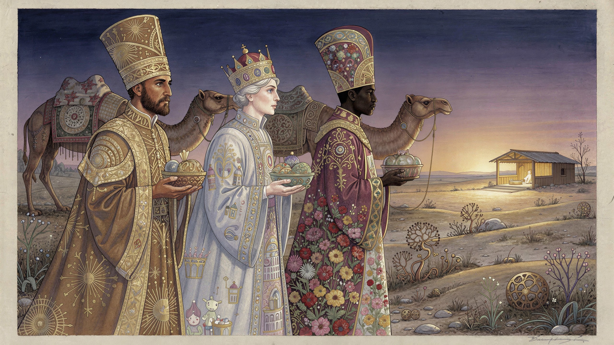 Three Magi Journeying at Sunset in Digital Art