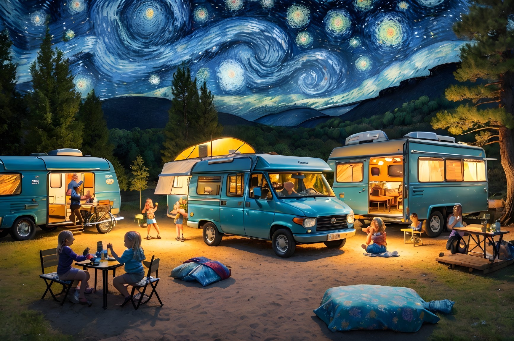 Vibrant Campsite Scene Under Starry Sky