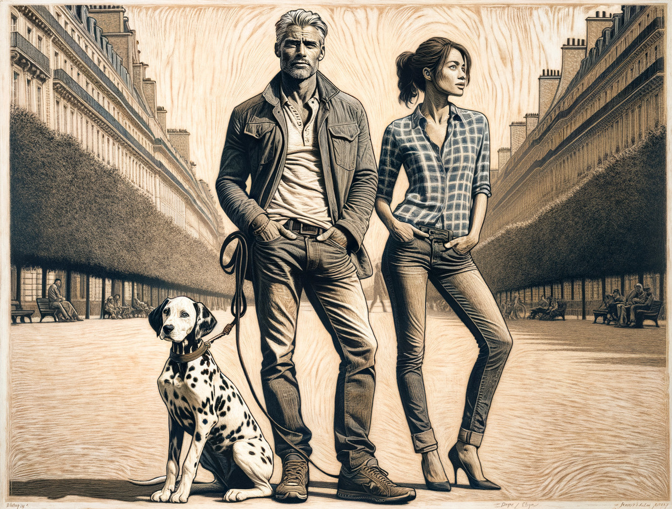 Stylish Couple with Dalmatian in Urban Park Setting