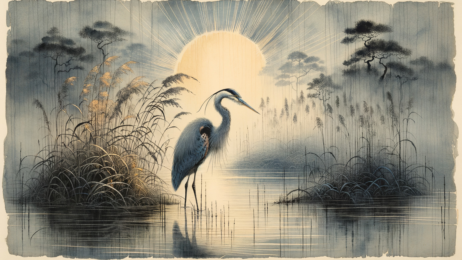 Heron in Serene Landscape at Sunset with Mist